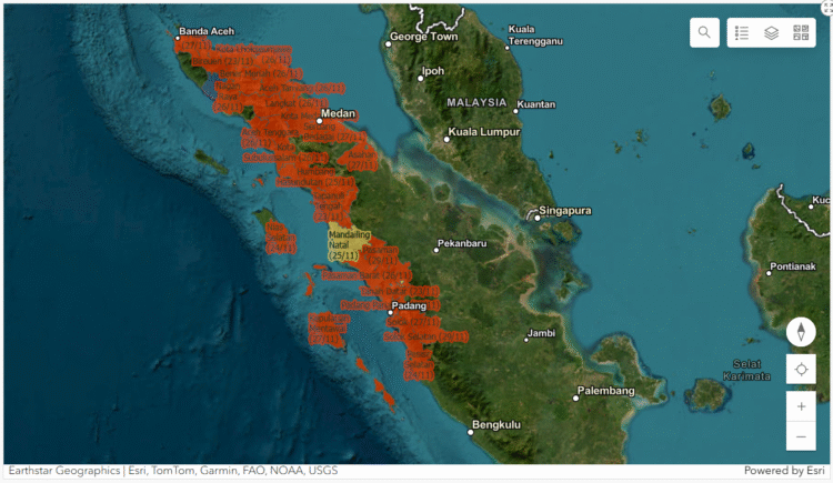 Peta sebaran bencana Banjir dan Longsor Provinsi Aceh, Sumatera Utara dan Sumatera Barat (Update 6 Desember 2025) - Tangkapan Layar Situs BNPB